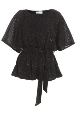 Black Sequin Batwing Peplum Top