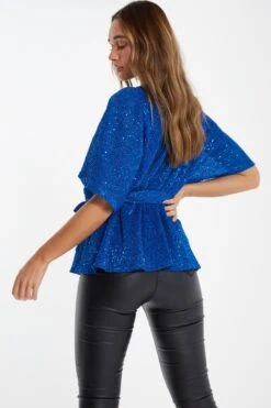 Royal Blue Sequin Batwing Peplum Top -Chic Summer Shop 00100035868 XB