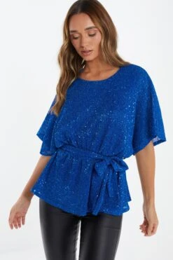 Royal Blue Sequin Batwing Peplum Top -Chic Summer Shop 00100035868 XM