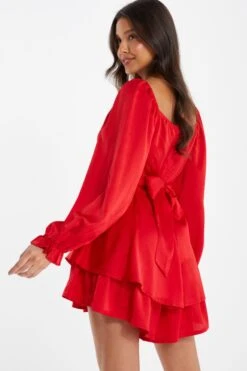 Red Satin Balloon Sleeve Playsuit -Chic Summer Shop 00100035878 XB