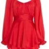 Red Satin Balloon Sleeve Playsuit -Chic Summer Shop 00100035878 ZM