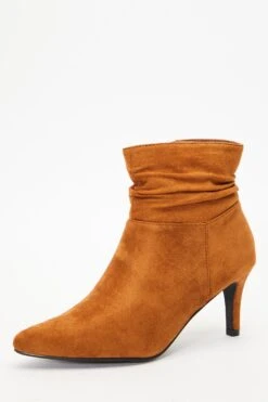 Tan Faux Suede Ruched Heeled Ankle Boots -Chic Summer Shop 00100035971 XB