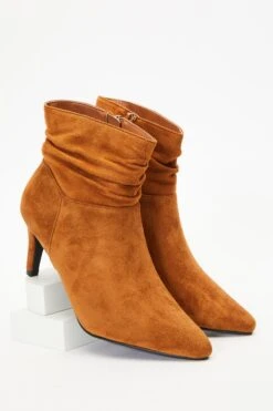 Tan Faux Suede Ruched Heeled Ankle Boots -Chic Summer Shop 00100035971 XS