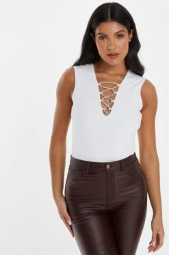 Cream Diamante Lace Up Bodysuit -Chic Summer Shop 00100035983 XM