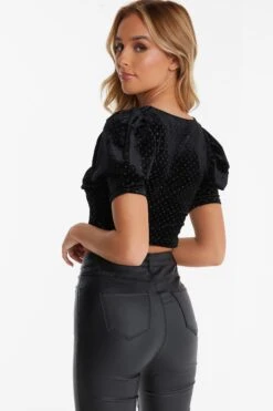 Black Velvet Glitter Polka Dot Crop Top -Chic Summer Shop 00100036034 XB