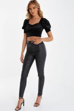 Black Velvet Glitter Polka Dot Crop Top -Chic Summer Shop 00100036034 XS
