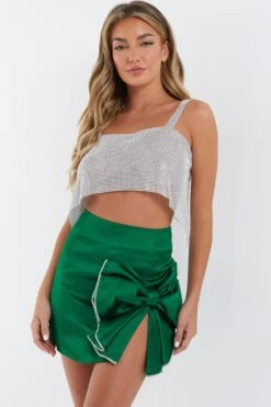 Green Satin Bow Mini Skirt -Chic Summer Shop 00100036176 XM