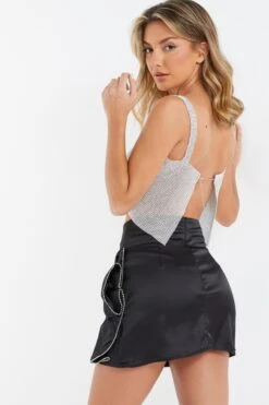 Black Satin Bow Mini Skirt -Chic Summer Shop 00100036177 XB