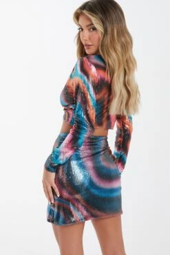 Multicoloured Sequin Marble Print Mini Skirt 10 Multicoloured Sequin Marble Print Mini Skirt -Chic Summer Shop 00100036199 XB