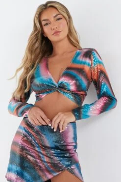 Multicoloured Sequin Marble Knot Crop Top -Chic Summer Shop 00100036200 XM