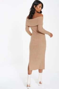 Camel Ribbed Knit Bodycon Midi Dress -Chic Summer Shop 00100036206 XB