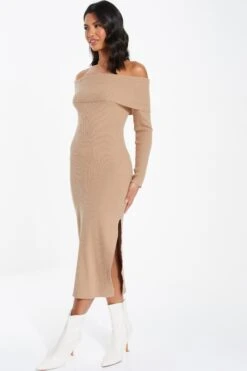 Camel Ribbed Knit Bodycon Midi Dress -Chic Summer Shop 00100036206 XS