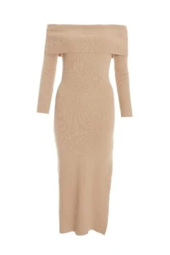 Camel Ribbed Knit Bodycon Midi Dress