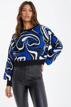 Blue Knitted Marble Print Jumper 9 Blue Knitted Marble Print Jumper -Chic Summer Shop 00100036420 XM