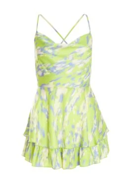 Lime Marble Print Satin Frill Playsuit
