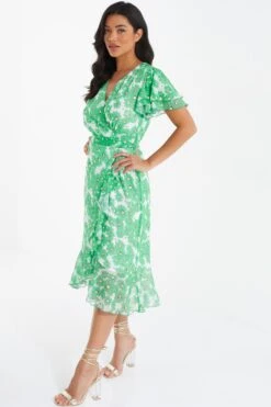 Green Chiffon Floral Wrap Midi Dress -Chic Summer Shop 00100036458 XS