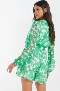 Green Chiffon Floral Wrap Playsuit -Chic Summer Shop 00100036459 XB