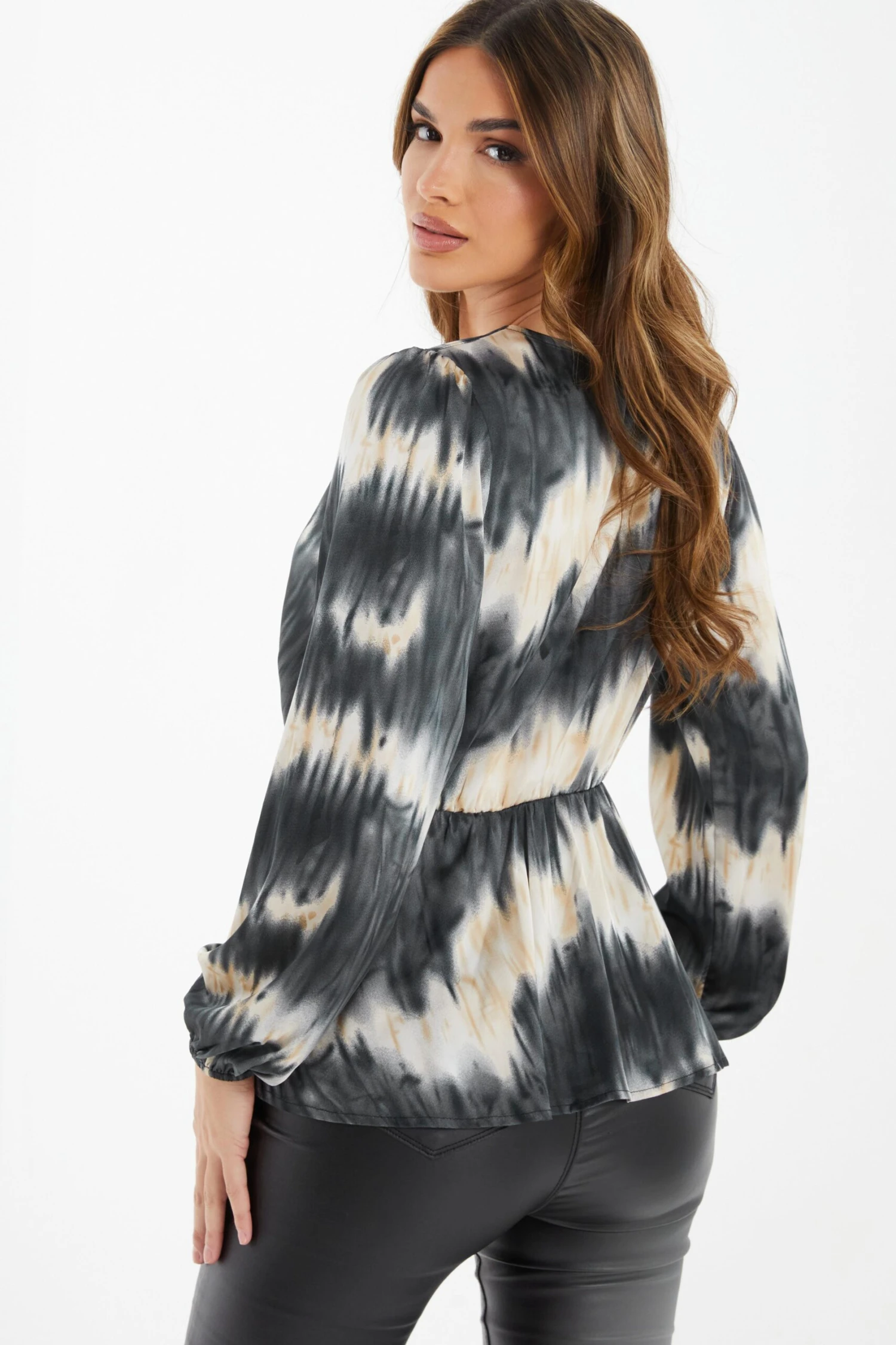 Champagne Satin Marble Print Peplum Top 5 Champagne Satin Marble Print Peplum Top - Image 3