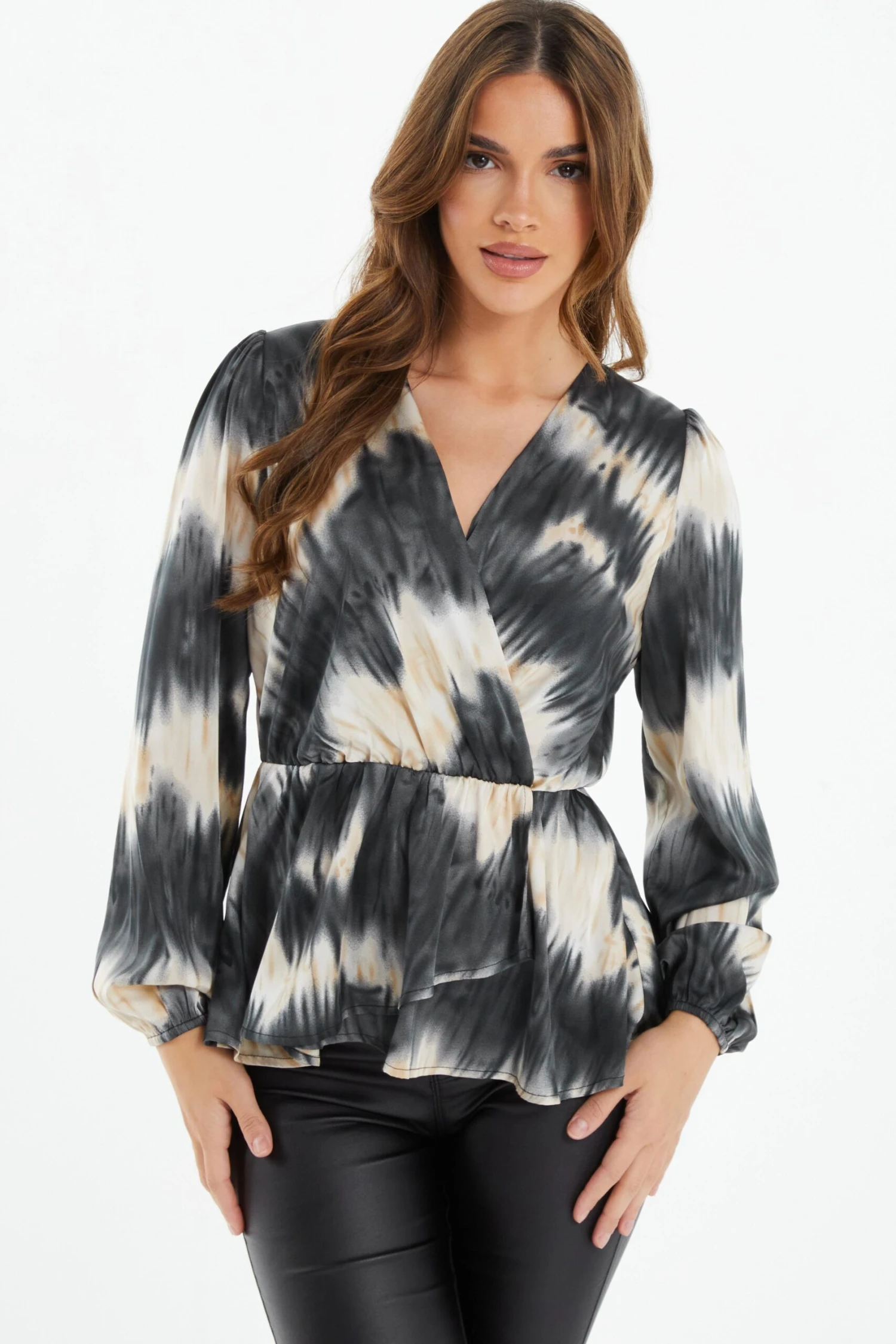 Champagne Satin Marble Print Peplum Top 4 Champagne Satin Marble Print Peplum Top - Image 2