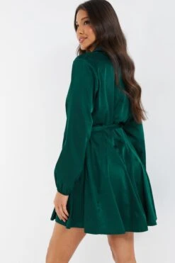 Bottle Green Diamante Shirt Mini Dress -Chic Summer Shop 00100036626 XB