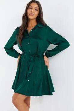 Bottle Green Diamante Shirt Mini Dress -Chic Summer Shop 00100036626 XM