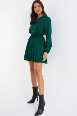 Bottle Green Diamante Shirt Mini Dress -Chic Summer Shop 00100036626 XS