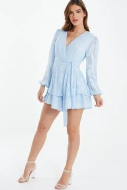 Light Blue Floral Jacquard Tiered Playsuit -Chic Summer Shop 00100036642 XS