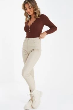 Brown Ribbed Button Long Sleeved Bodysuit -Chic Summer Shop 00100036653 XS