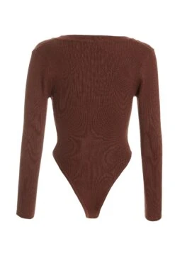 Brown Ribbed Button Long Sleeved Bodysuit -Chic Summer Shop 00100036653 ZB
