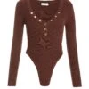 Brown Ribbed Button Long Sleeved Bodysuit -Chic Summer Shop 00100036653 ZM