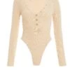 Cream Ribbed Button Long Sleeved Bodysuit -Chic Summer Shop 00100036654 ZM