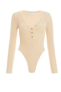 Cream Ribbed Button Long Sleeved Bodysuit