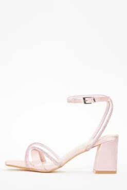Pink Satin Diamante Block Heeled Sandals