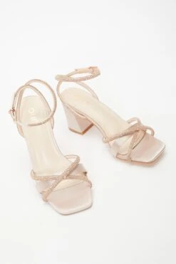 Champagne Satin Diamante Block Heeled Sandals -Chic Summer Shop 00100036709 XS