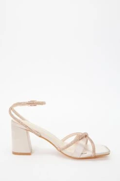 Champagne Satin Diamante Block Heeled Sandals -Chic Summer Shop 00100036709 ZS