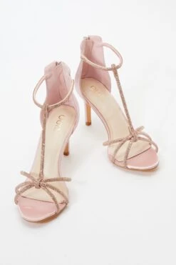 Pink Satin Diamante Cross Strap Heeled Sandals -Chic Summer Shop 00100036713 XS