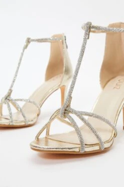 Gold Foil Diamante Cross Strap Heeled Sandals -Chic Summer Shop 00100036716 ZB