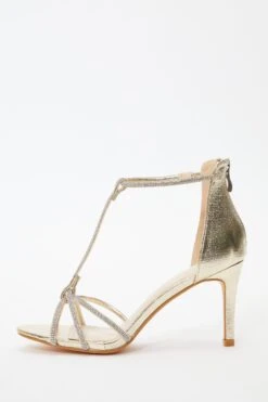 Gold Foil Diamante Cross Strap Heeled Sandals