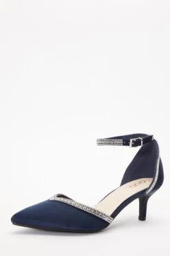 Navy Satin Diamante Low Court Heels -Chic Summer Shop 00100036718 XB