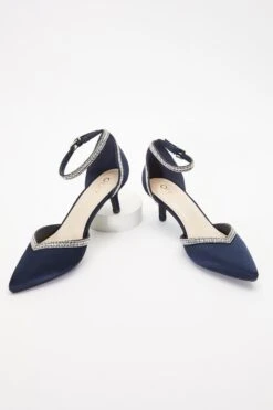 Navy Satin Diamante Low Court Heels -Chic Summer Shop 00100036718 XS
