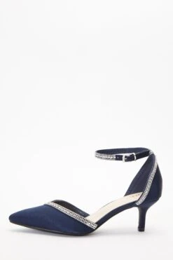 Navy Satin Diamante Low Court Heels