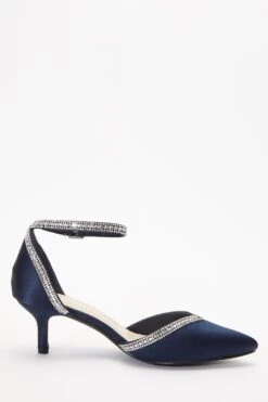 Navy Satin Diamante Low Court Heels -Chic Summer Shop 00100036718 ZS