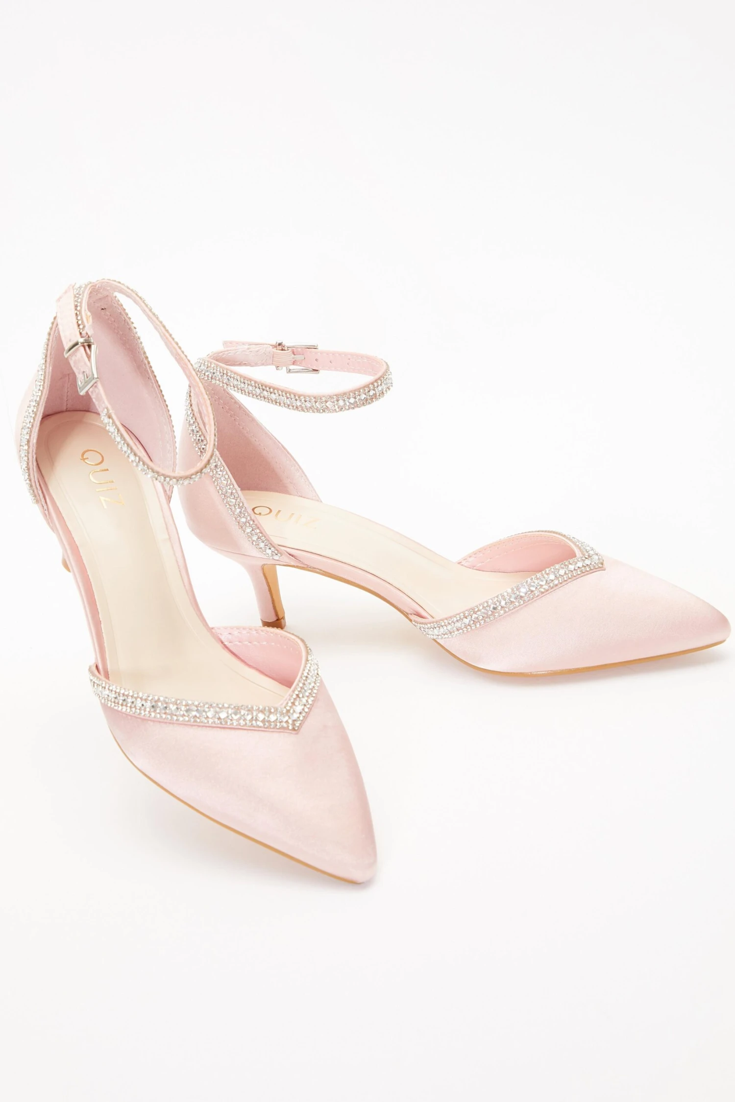Pink Satin Diamante Low Court Heels 6 Pink Satin Diamante Low Court Heels - Image 4