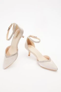 Champagne Satin Diamante Low Court Heels -Chic Summer Shop 00100036723 XS