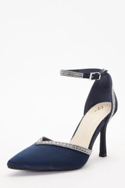 Navy Satin Diamante Trim Court Heels -Chic Summer Shop 00100036727 XB
