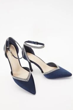 Navy Satin Diamante Trim Court Heels -Chic Summer Shop 00100036727 XS