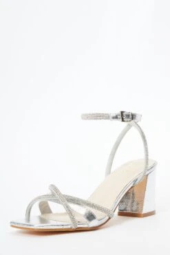 Silver Foil Diamante Block Heeled Sandals -Chic Summer Shop 00100036729 XB