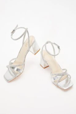 Silver Foil Diamante Block Heeled Sandals -Chic Summer Shop 00100036729 XS