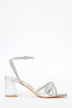 Silver Foil Diamante Block Heeled Sandals -Chic Summer Shop 00100036729 ZS