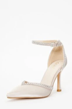 Champagne Satin Diamante Trim Court Heels -Chic Summer Shop 00100036730 XB